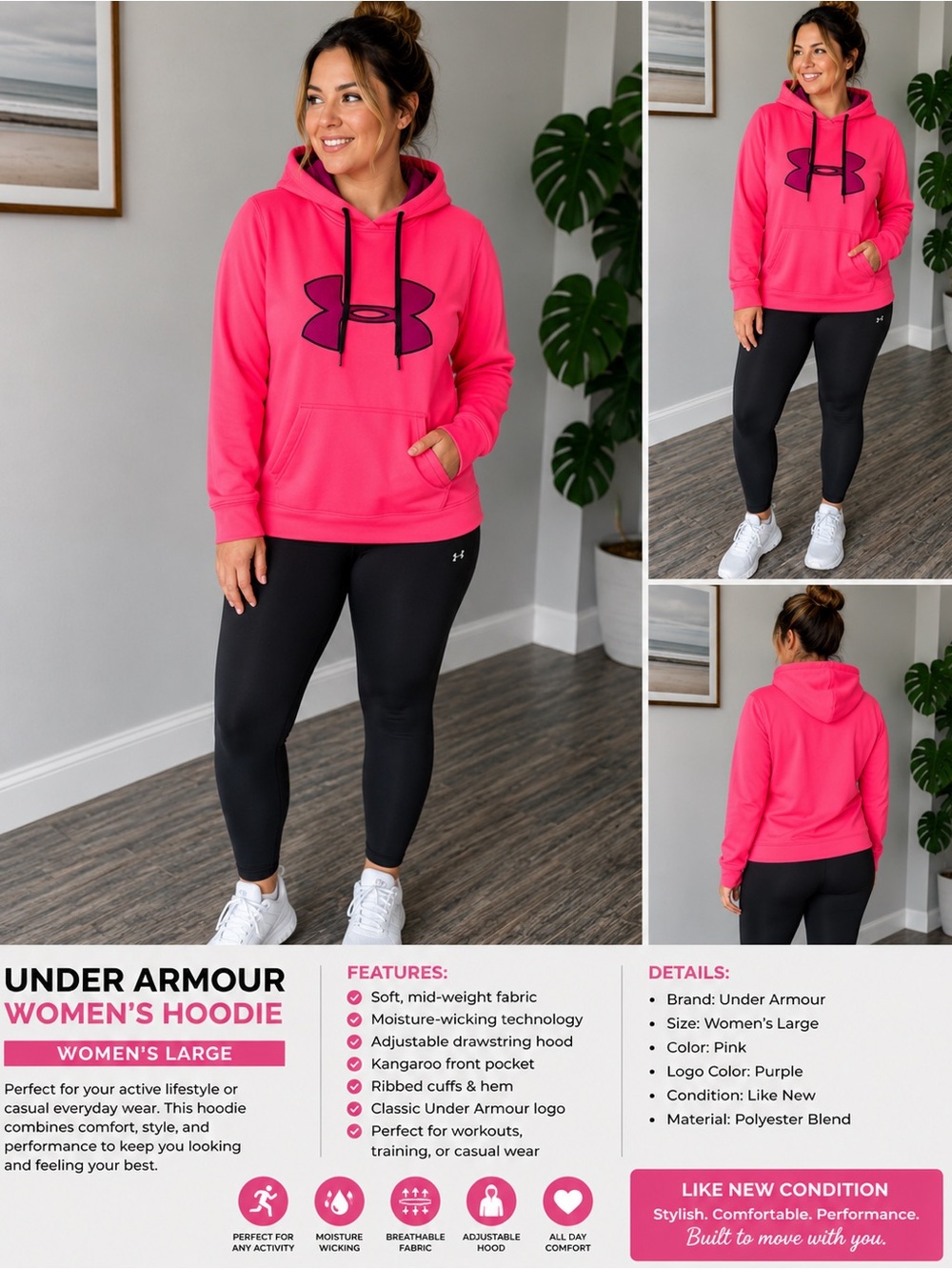 Under Armour women's large  Pink storm Hoodie with Purple Logo